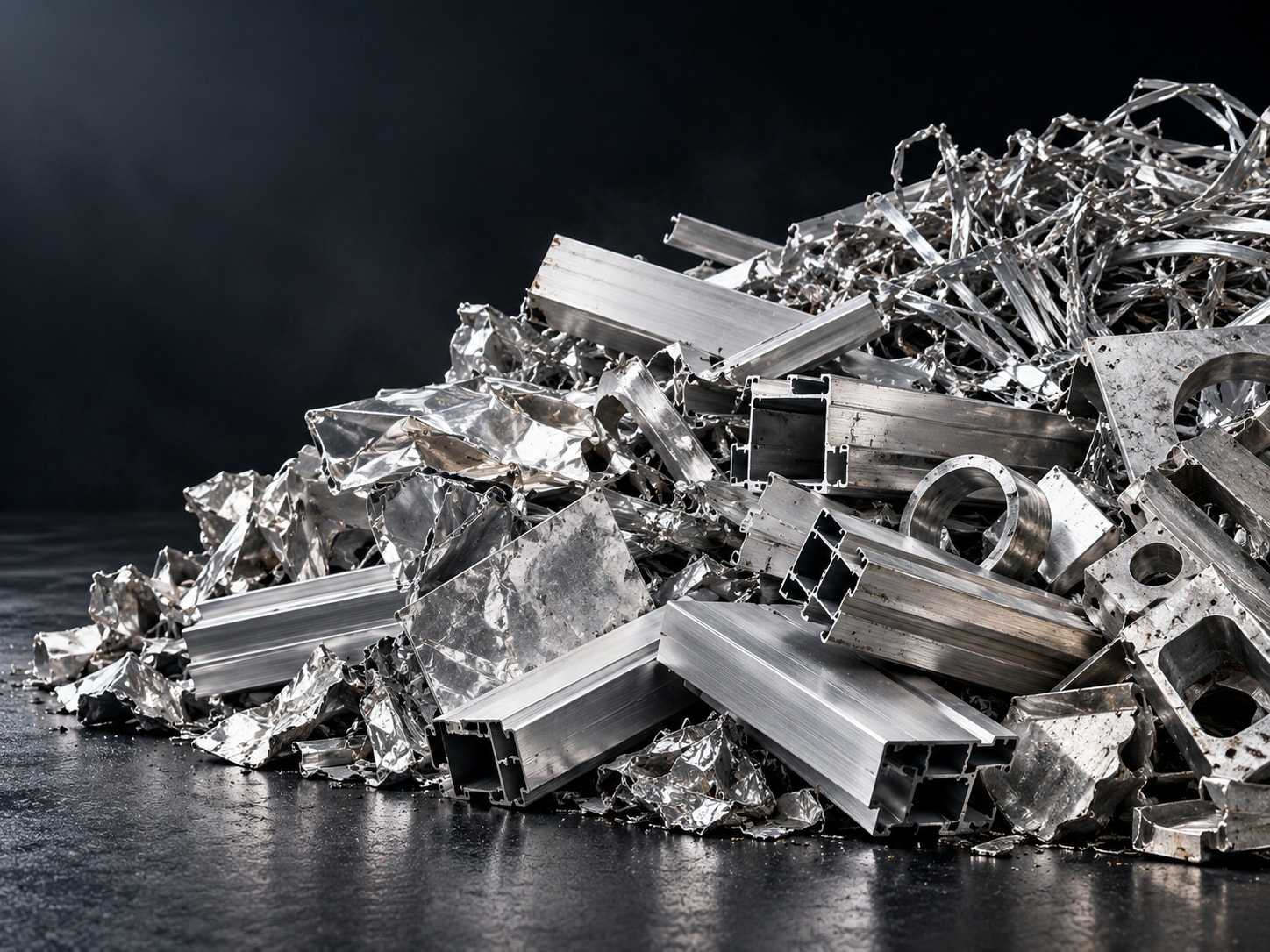 Large pile of mixed aluminum scrap including extrusion profiles, sheets and wire on a dark warehouse floor