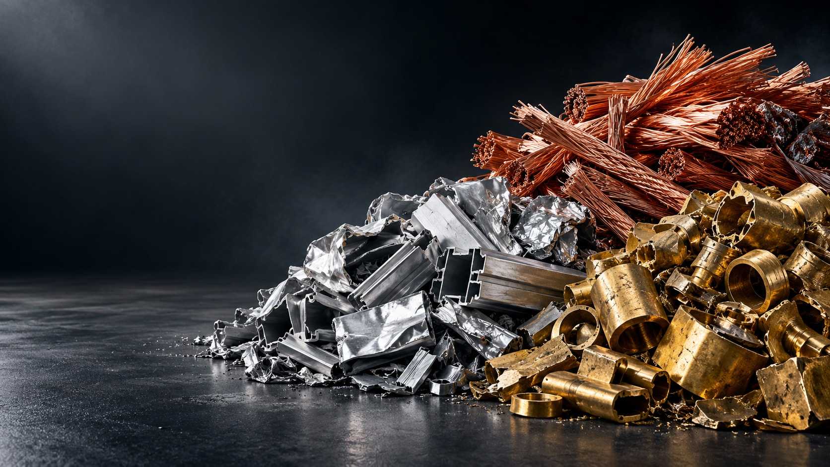 Piles of aluminum, copper and brass scrap on a dark industrial floor