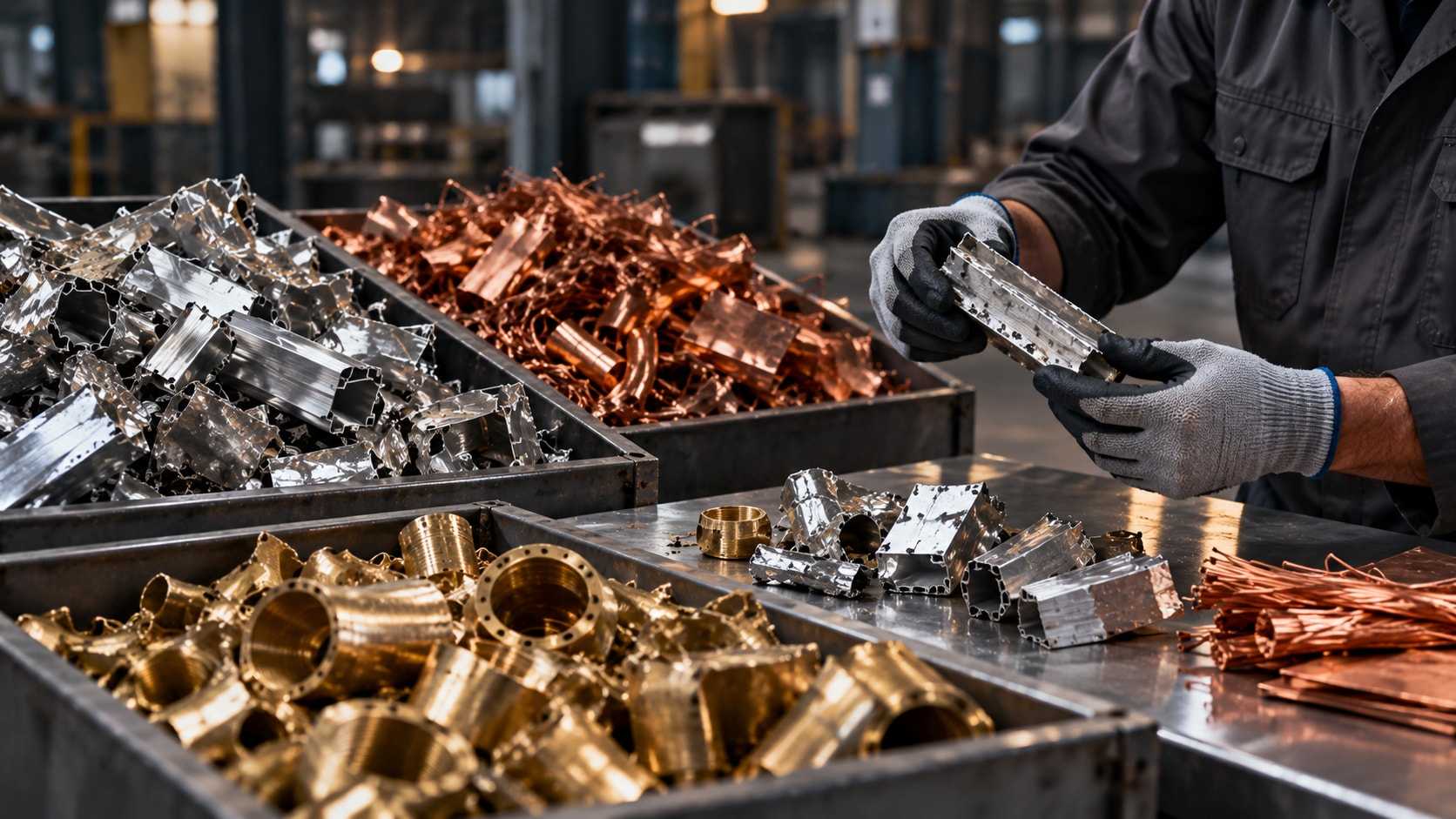 Inspector wearing gloves examining aluminum scrap beside trays of copper and brass