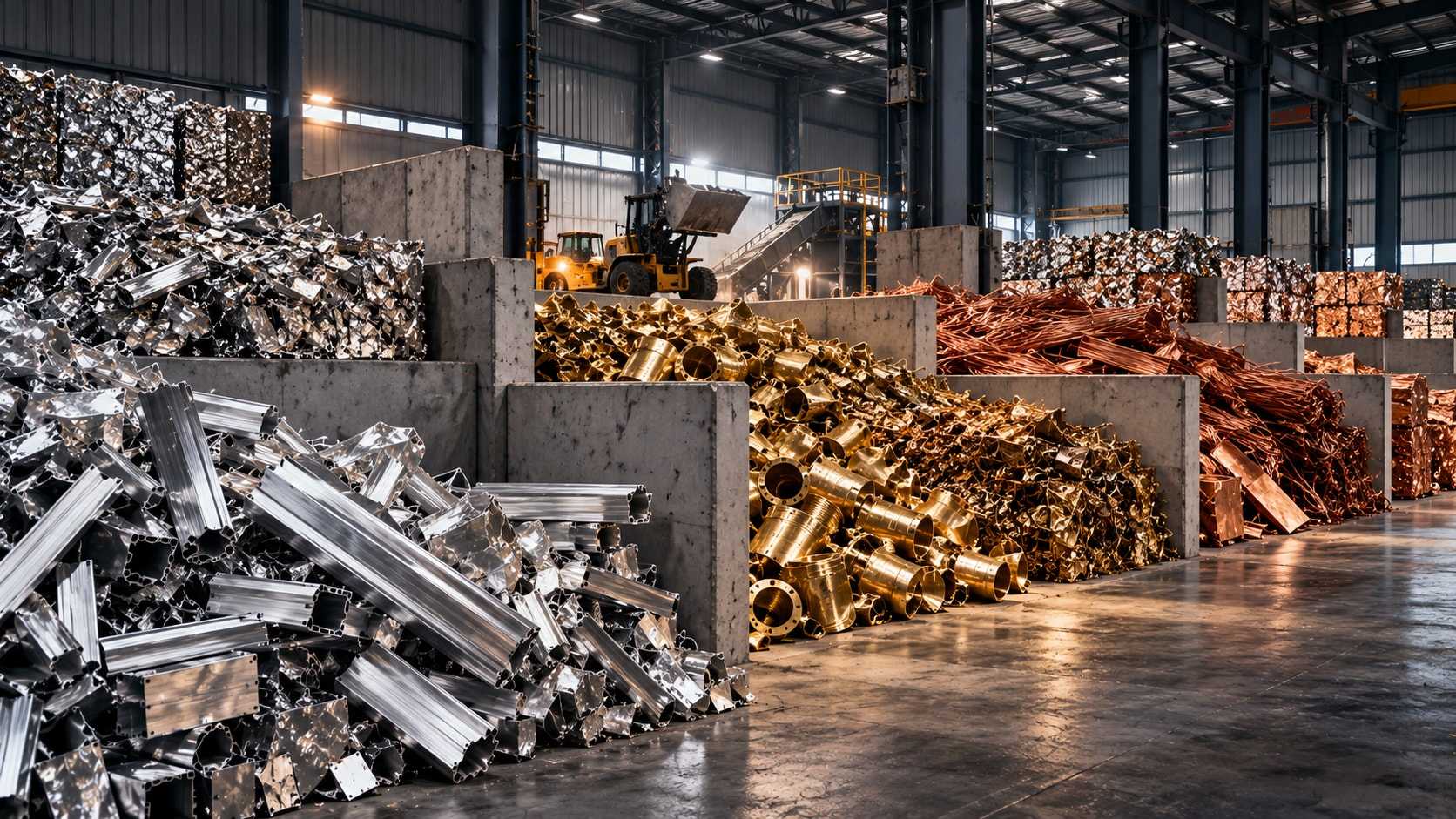 Warehouse bays holding sorted aluminum, brass and copper scrap